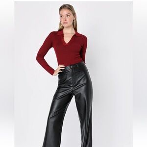 Lulu's Burgundy collared Long Sleeve Blouse